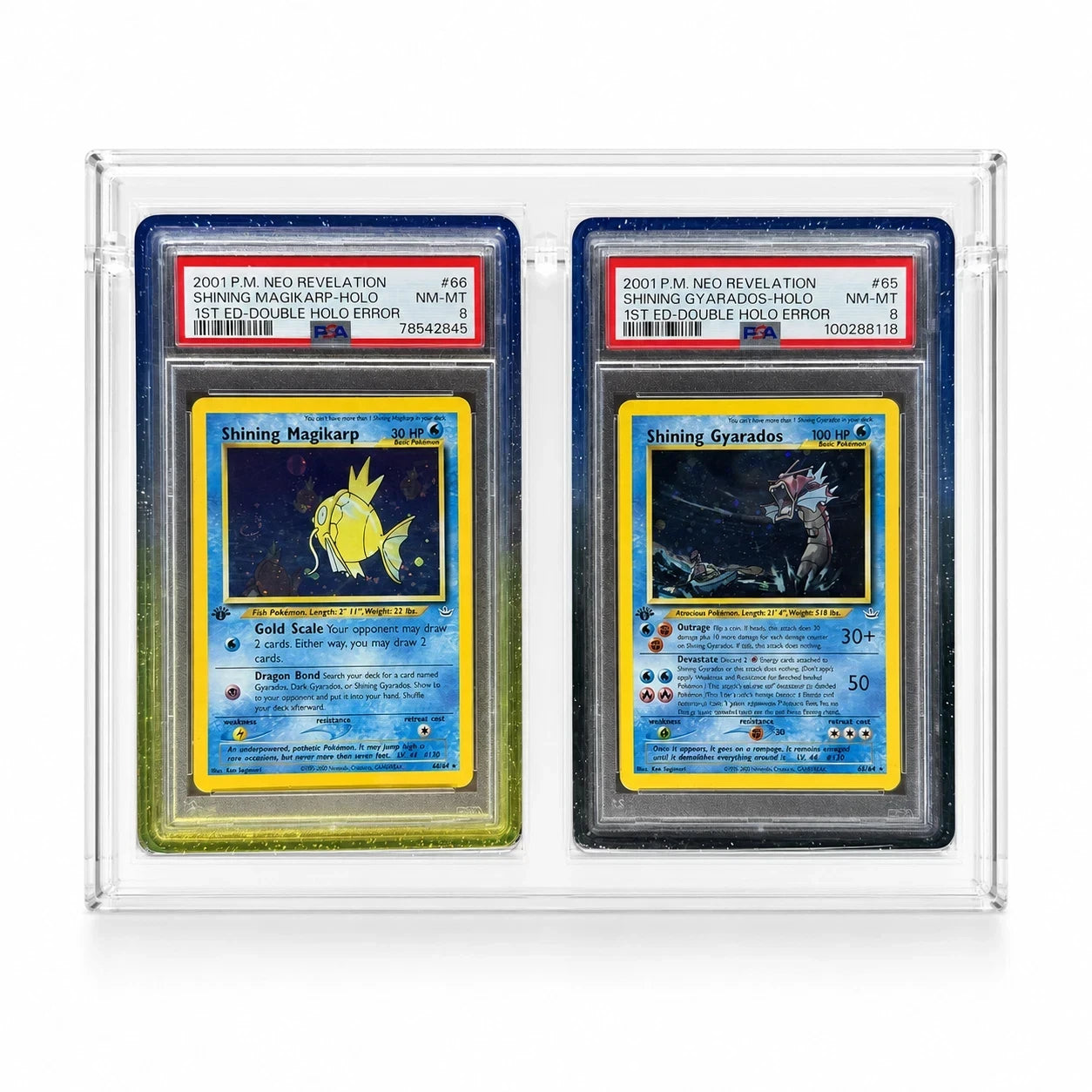 Double-pocket SlabVault displaying two PSA graded slabs side by side